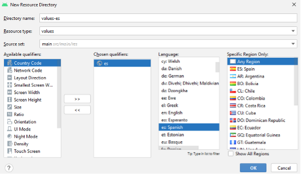 Selecting language/region for localization.