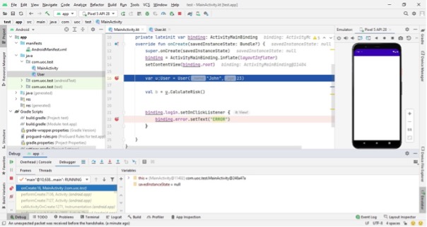 Execution stops because a breakpoint has been reached.