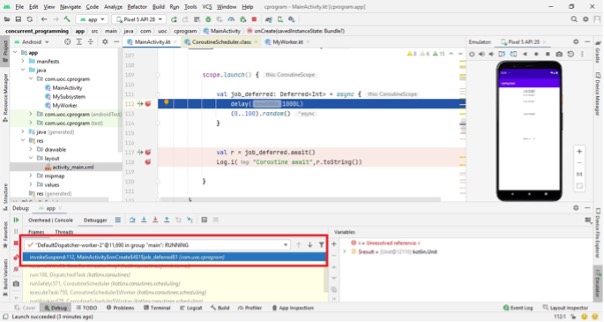 The coroutine is running while the original thread waits.