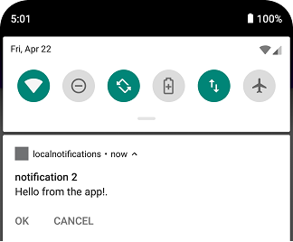 Example of a local notification with two buttons.