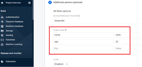 Customizing a notification in the Firebase Cloud Messaging Console.