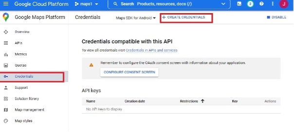 Creating credentials for the Google Maps API.