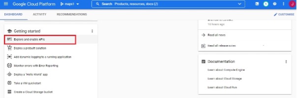 Selecting "Explore and enable APIs" (part 1).
